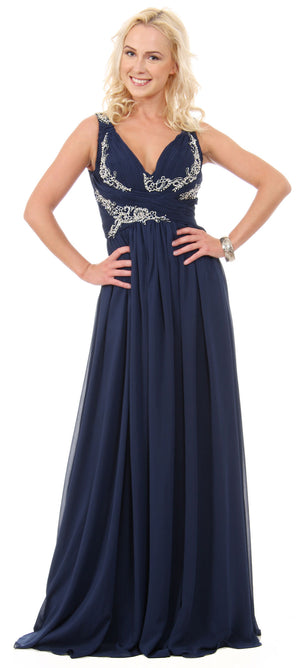 Image of Deep V-neck Ruched Floor Length Formal Prom Dress in Navy