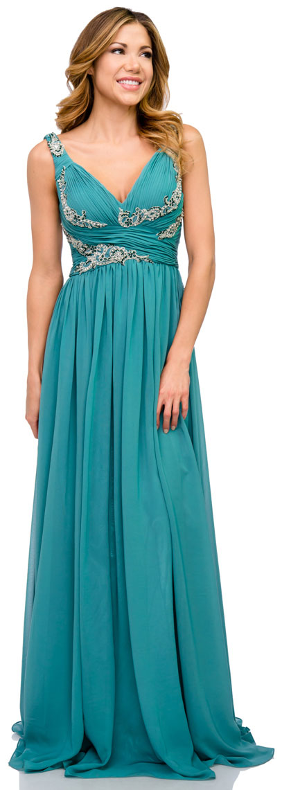 Image of Deep V-neck Ruched Floor Length Formal Prom Dress in Teal