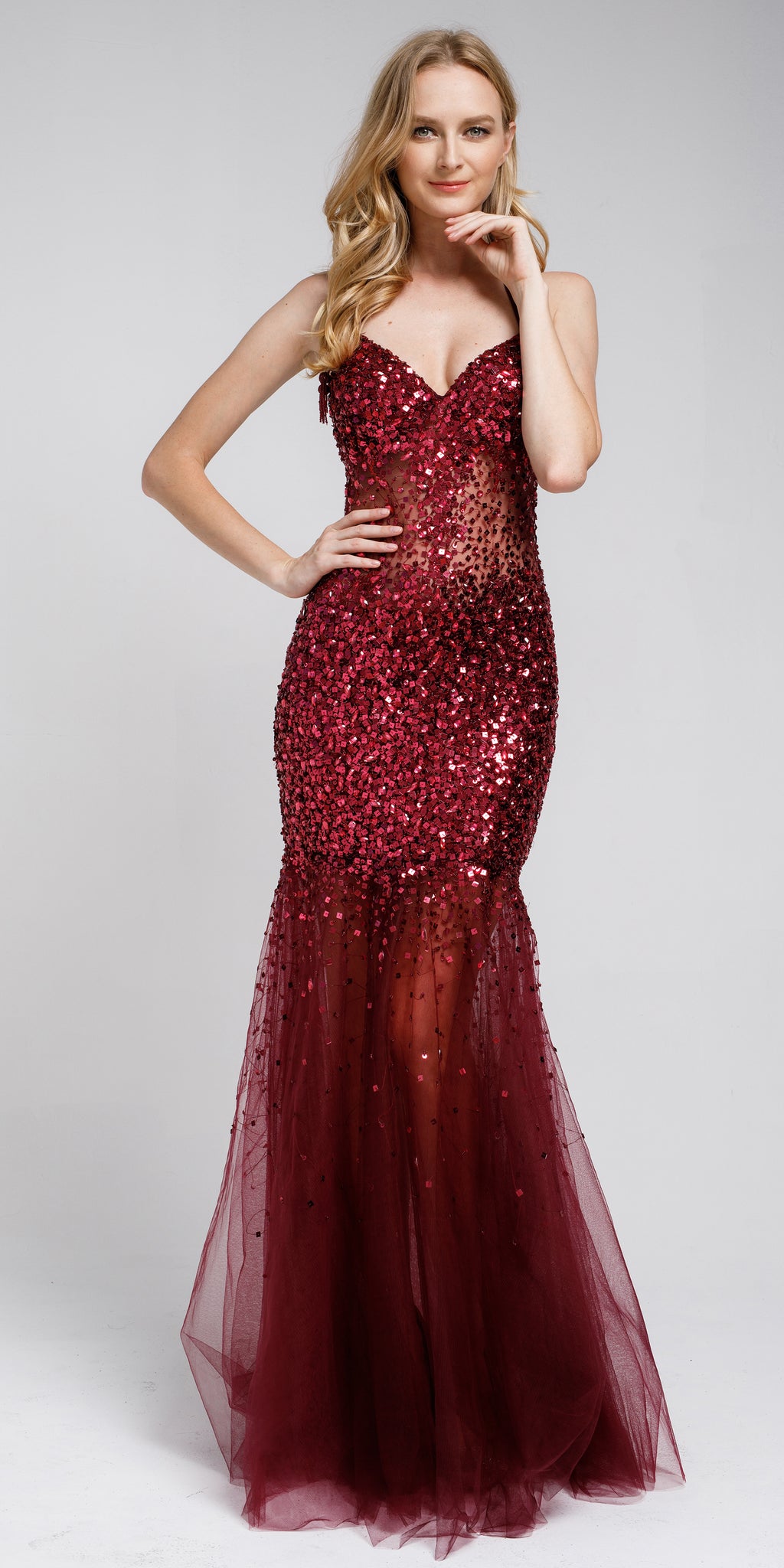 Main image of Long Embellished Halter Tulle Prom Dress