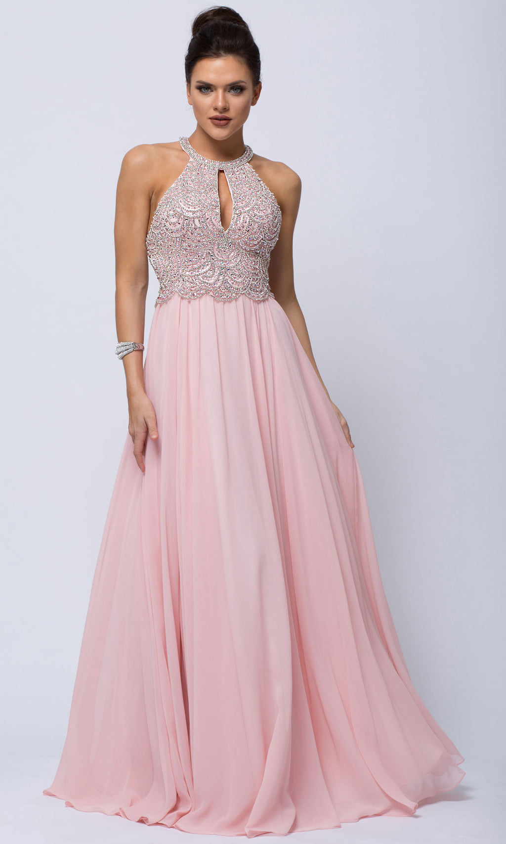 Main image of Sleeveless Beaded Prom Dress With High Neckline